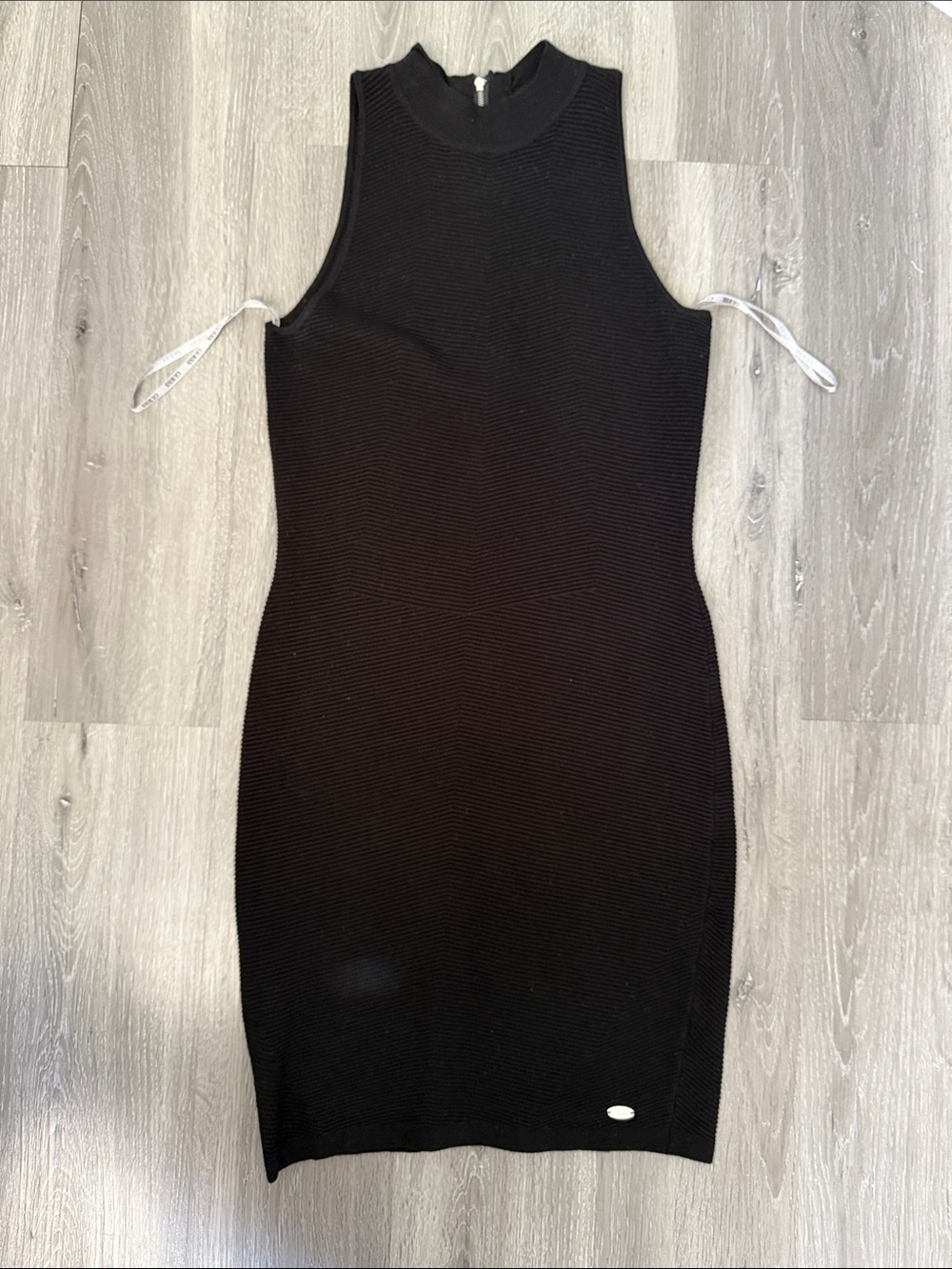 Guess Sleeveless Black Ribbed BodyCon Mini Dress with High Neck Small